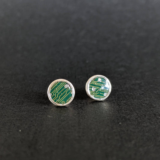 Sterling Silver Dark Green Circuit Board Stud Earrings