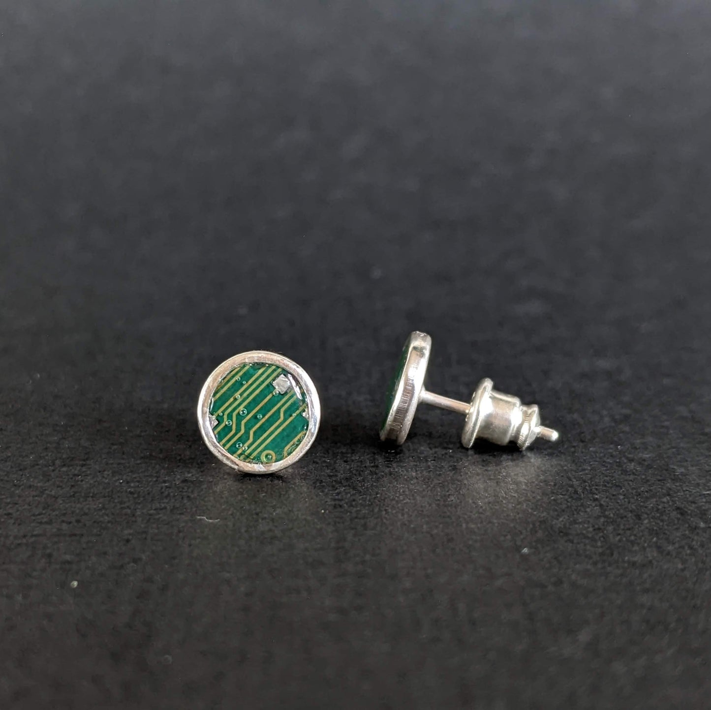Sterling Silver Dark Green Circuit Board Stud Earrings