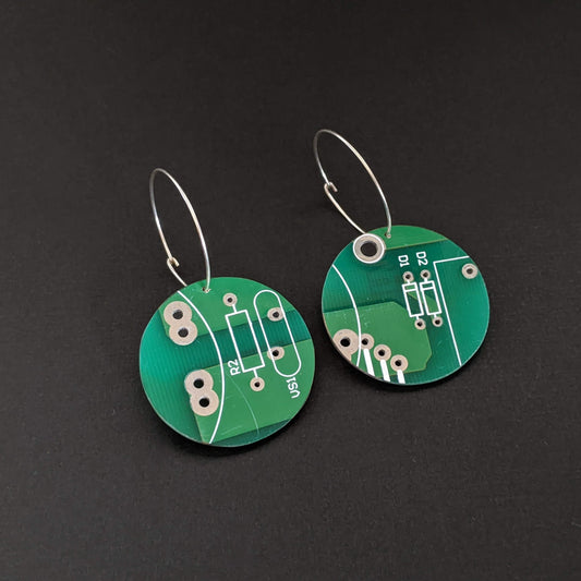Sterling Silver Dark Green Circuit Board Hoop Earrings Small
