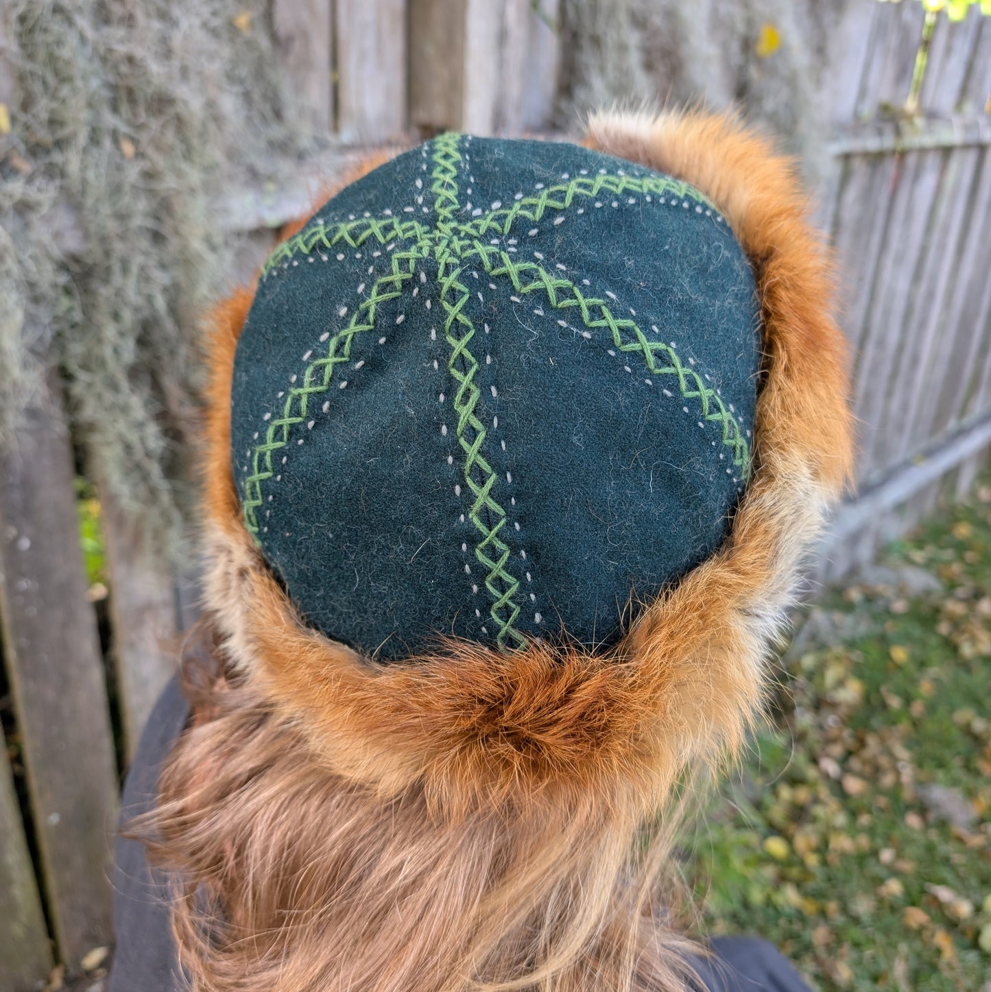 Hand-Embroidered Green Wool Linen and Fox Fur Viking Hat