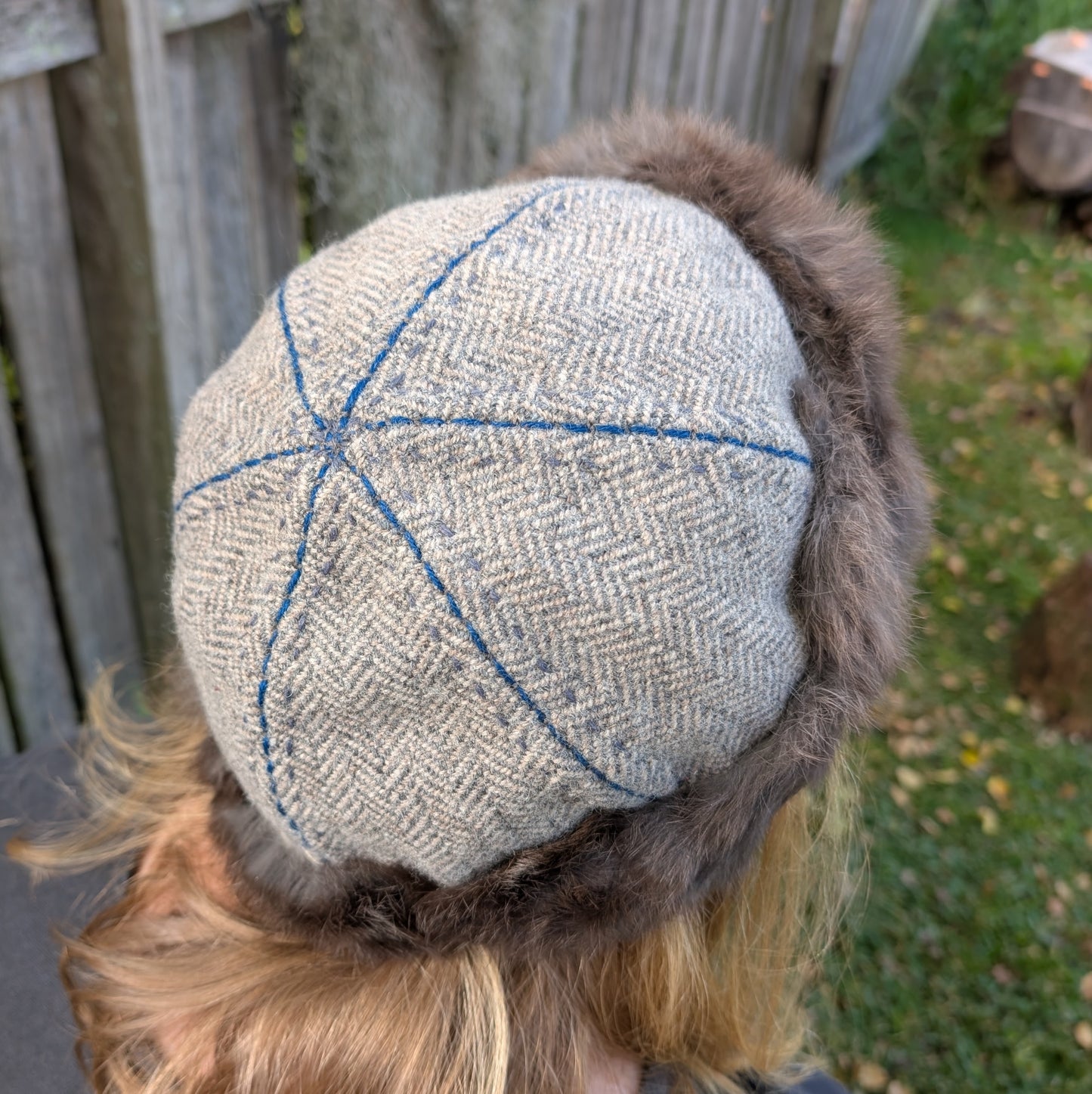 Hand-Embroidered Grey Herringbone Wool Linen and Rabbit Fur Viking Hat