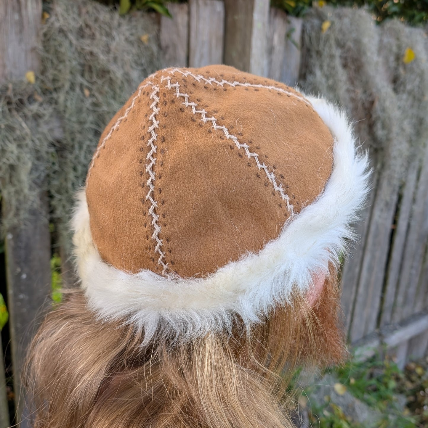 Hand-Embroidered Tan Suede Linen and Sheepskin Viking Hat