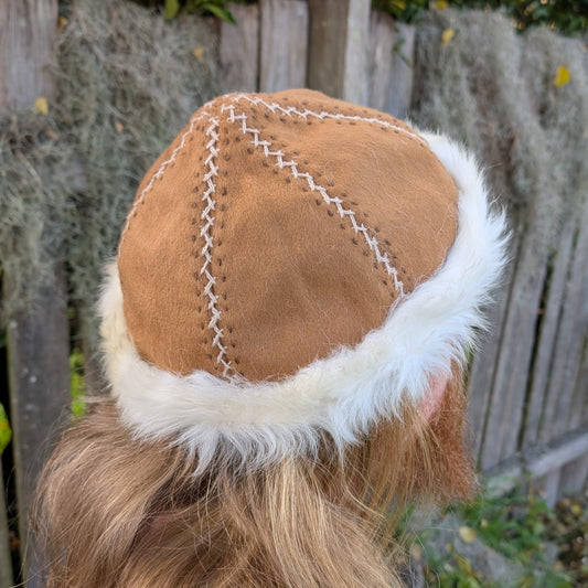 Hand-Embroidered Tan Suede Linen and Sheepskin Viking Hat