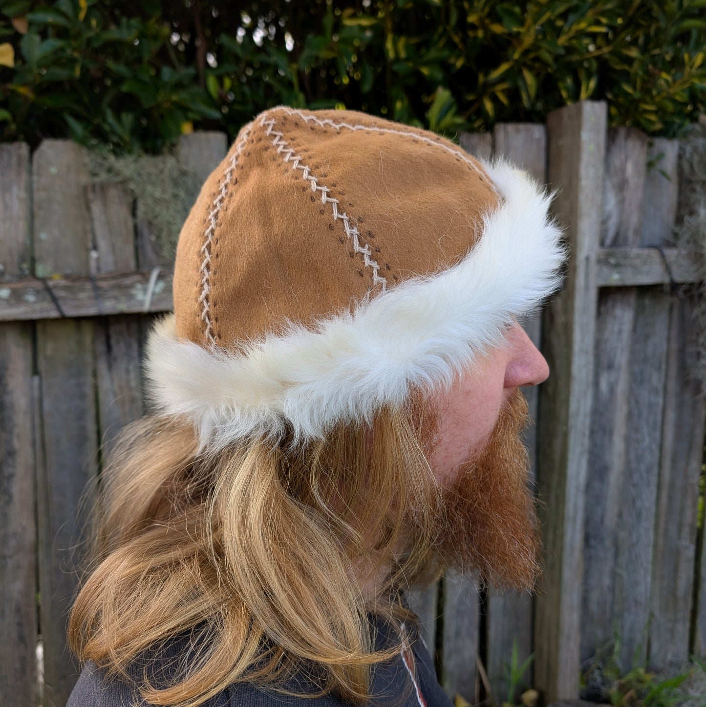 Hand-Embroidered Tan Suede Linen and Sheepskin Viking Hat