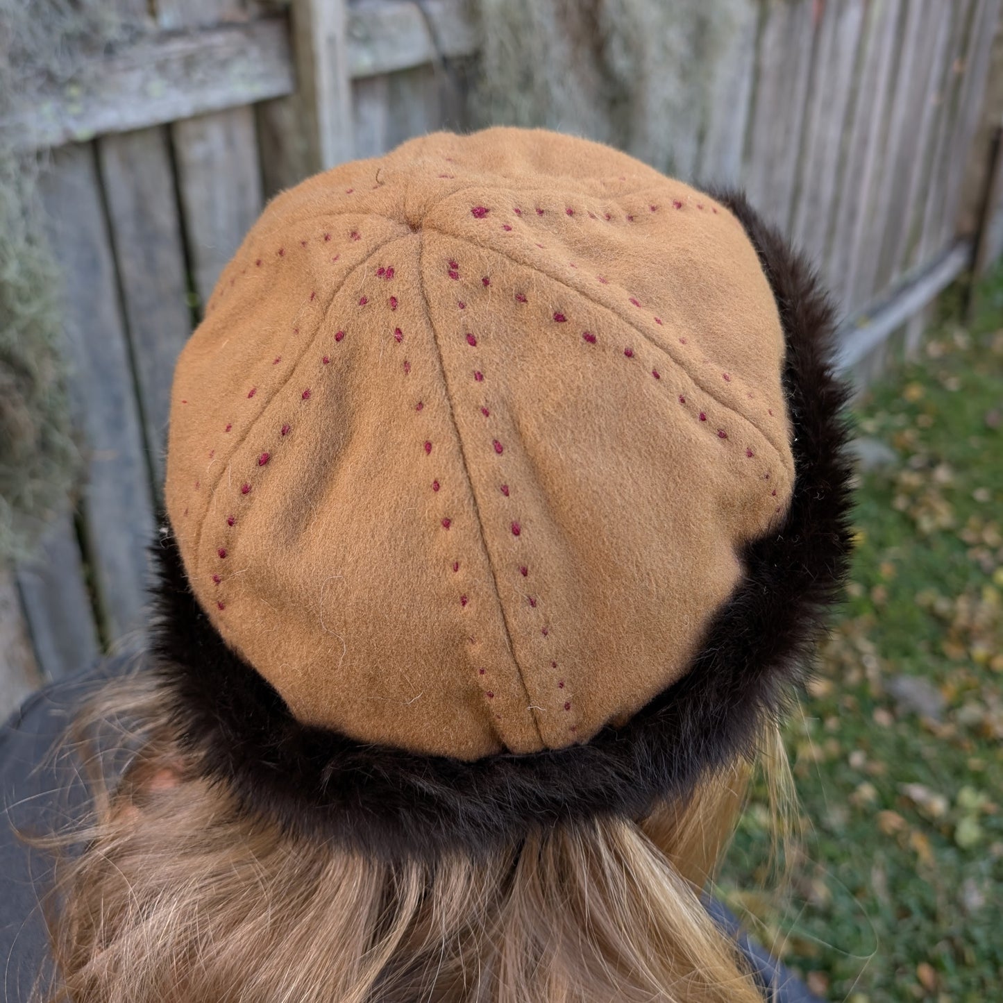 Hand-Embroidered Tan Suede Linen and Rabbit Fur Viking Hat