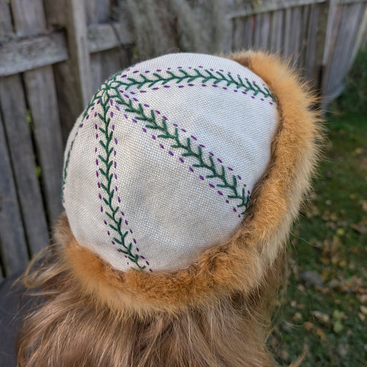 Hand-Embroidered Natural Irish Linen and Fox Fur Viking Hat