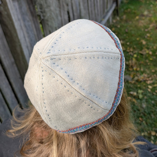 Hand-Embroidered Natural Irish Linen and Inkle Weave Viking Hat