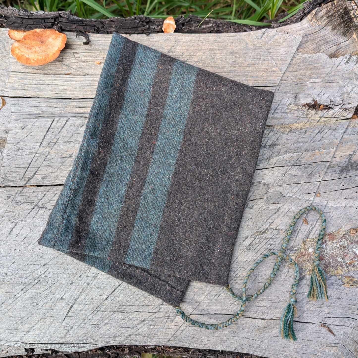 Hand-Sewn Grey-Green Heavy Wool Hood with Ties